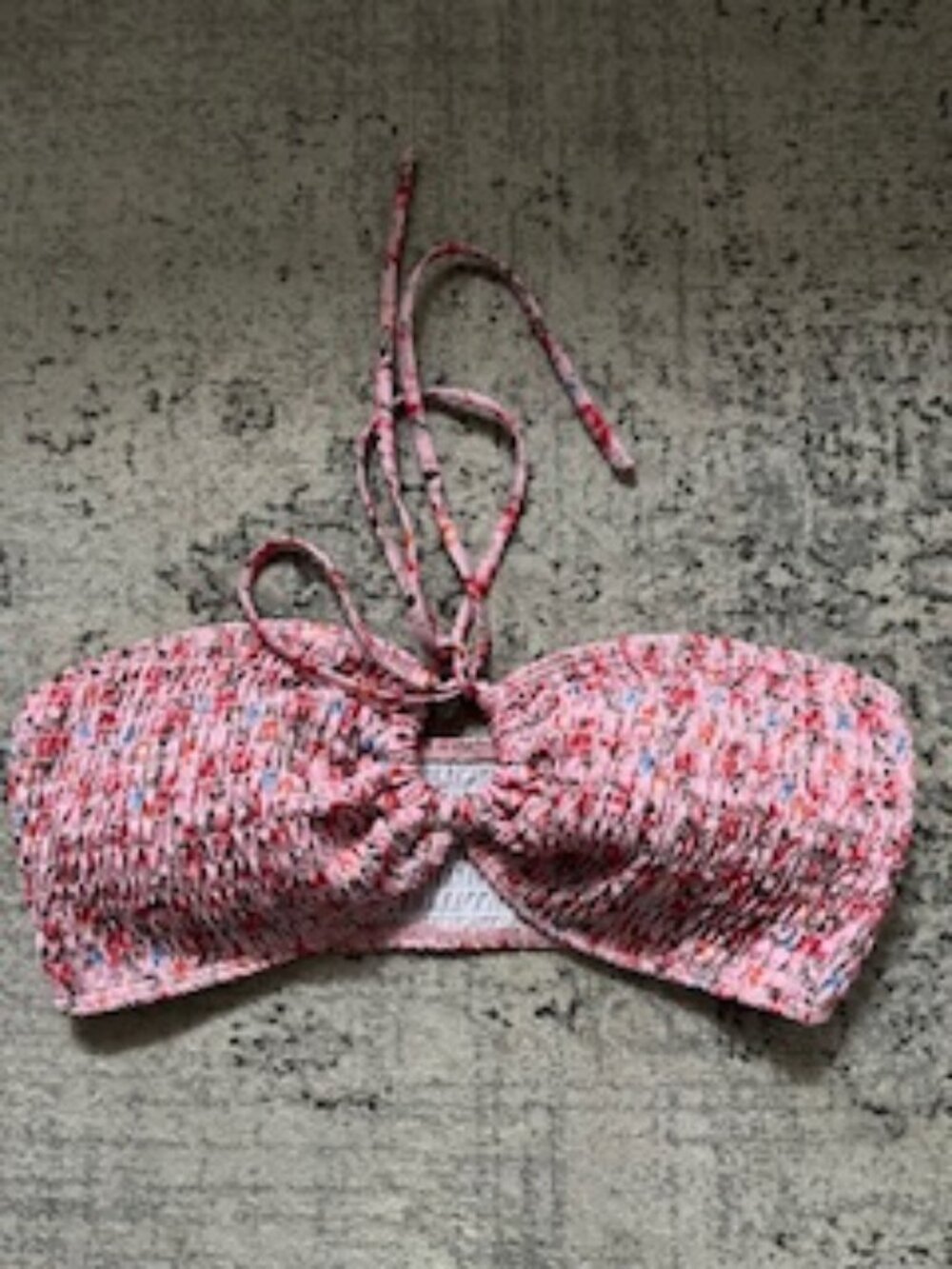 🧡3/15 NWOT Smoked Pink Floral Bandeau Bikini Top Tie-Front Detail Women's L